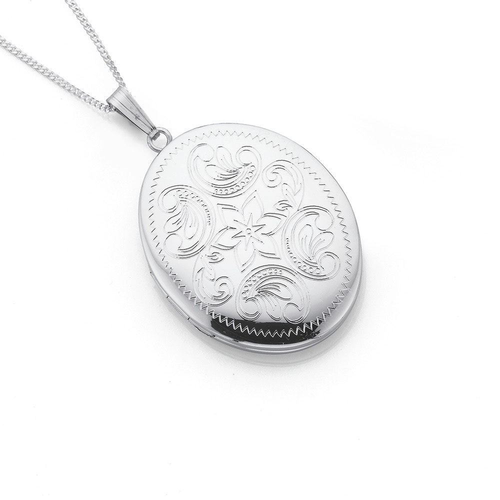 Sterling Silver 25mm Oval Flower and Scroll Locket