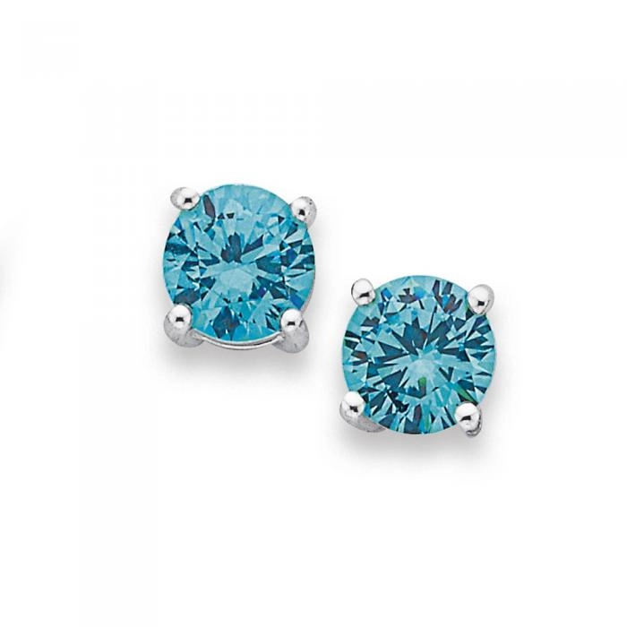 Sterling Silver Aqua Cubic Zirconia Round 4 Claw Studs