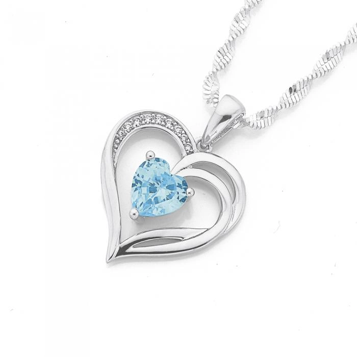 Sterling Silver Blue Cubic Zirconia Open Fancy Heart Pendant