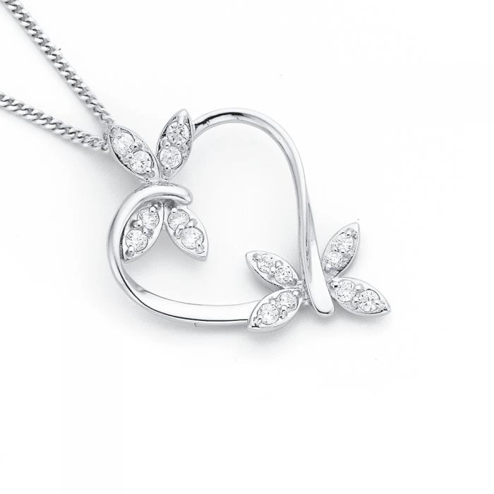 Sterling Silver Cubic Zirconia Butterfly Heart Pendant