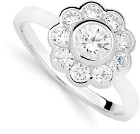 Sterling Silver Cubic Zirconia Flower Bezel Ring