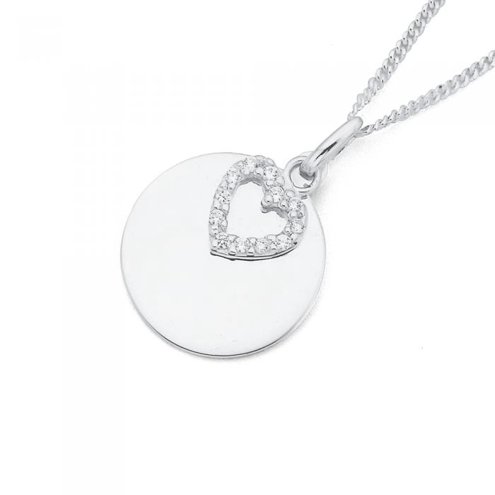 Sterling Silver Disc with Cubic Zirconia Heart Pendant