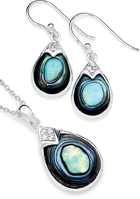 Sterling Silver Paua Shell and Cubic Zirconia Earrings & Pendant Set