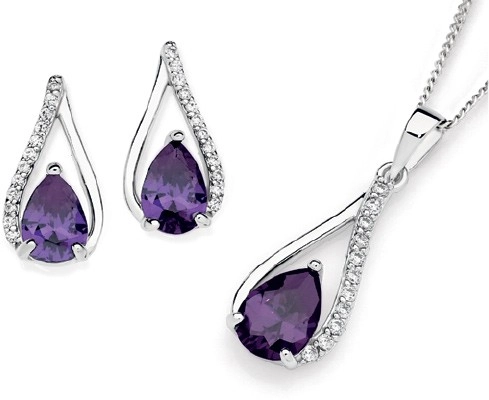 Sterling Silver Pear Violet Cubic Zirconia Loop Earrings & Pendant Set