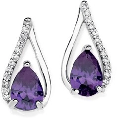 Sterling Silver Pear Violet Cubic Zirconia Loop Earrings