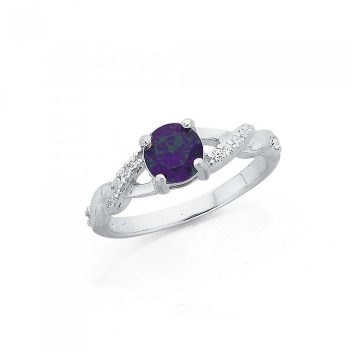 Sterling Silver Round Violet Cubic Zirconia Kiss Ring