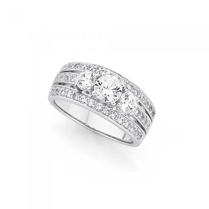 Sterling Silver Three Row Trilogy Cubic Zirconia Ring