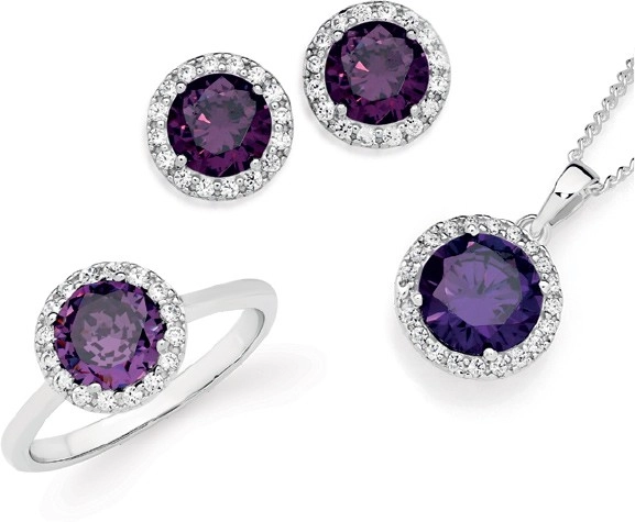 Sterling Silver Violet Cubic Zirconia Cluster Earrings, Ring & Pendant Set