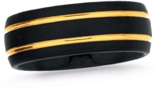 Tungsten Carbide Men's Matte Black & Double Yellow Gold Plate Lines Rin