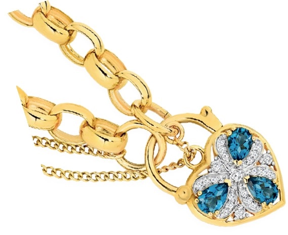 9ct Gold 19cm Solid Belcher London Blue Topaz & Diamond Padlock Bracelet