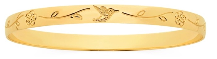 9ct Gold 65mm Solid Bangle with Birds and Flowers Engraved