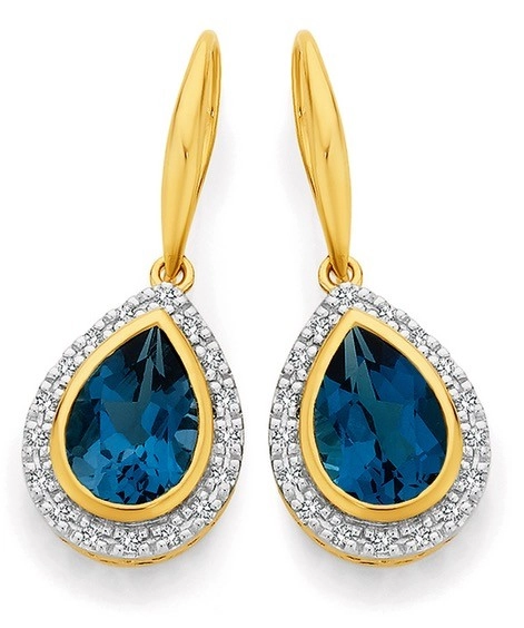 9ct Gold Blue Topaz & .20ct Diamond Earrings