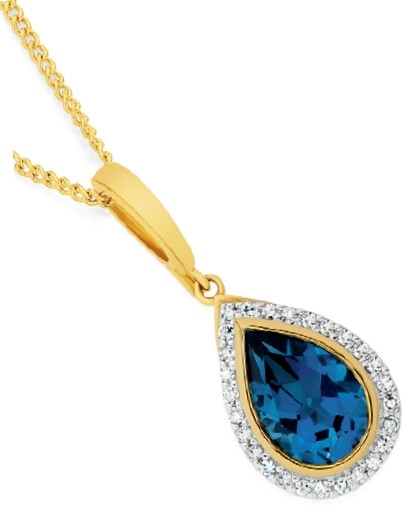 9ct Gold Blue Topaz & .20ct Diamond Pendant