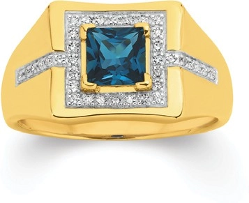 9ct Gold Diamond & London Blue Topaz Gents Ring