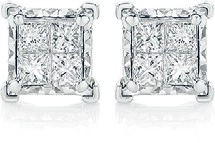 9ct Gold Diamond Two Tone Invisible Princess Cut Stud Earrings