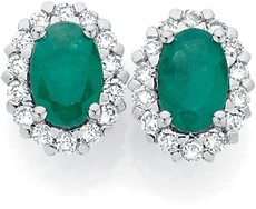 9ct Gold Emerald & .25ct Diamond Oval Frame Stud Earrings