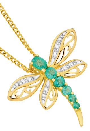 9ct Gold Emerald & Diamond Dragonfly Slider Pendant