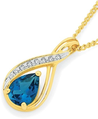 9ct Gold London Blue Topaz & Diamond Swirl Slider Pendant