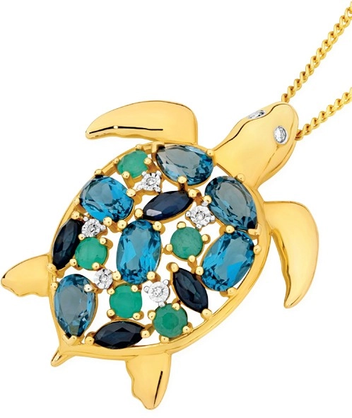 9ct Gold Multi Gemstone & Diamond Turtle Pendant