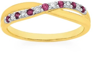 9ct Gold Natural Ruby & .10ct Diamond Crossover Ring