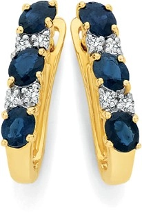 9ct Gold Natural Sapphire & .10ct Diamond Hoop Earrings