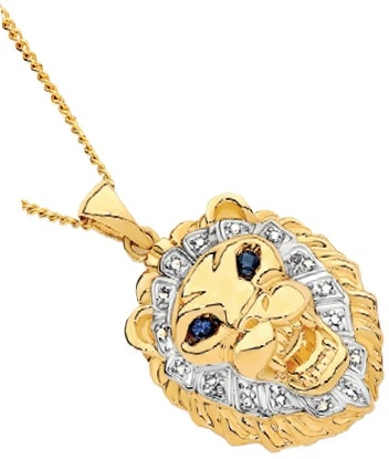 9ct Gold Natural Sapphire Eyes Lion Head Gents Pendant