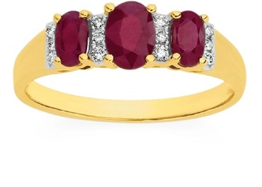 9ct Gold Ruby & .10ct Diamond Oval Trilogy Ring