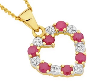 9ct Gold Ruby & Diamond Heart Pendant