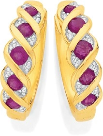 9ct Gold Ruby & Diamond Huggie Earrings