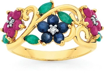 9ct Gold Sapphire, Ruby, Emerald & Diamond Ring