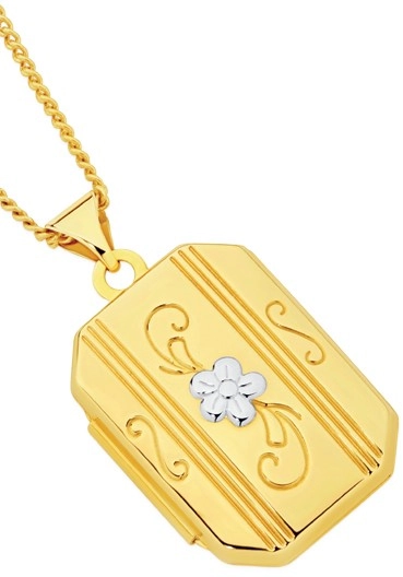 9ct Gold Two Tone 15mm Flower and Lined Rectangular Locket