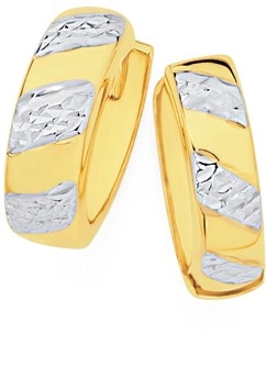 9ct Gold Two Tone 5x12mm Diamond-Cut Striped Huggie Earrings