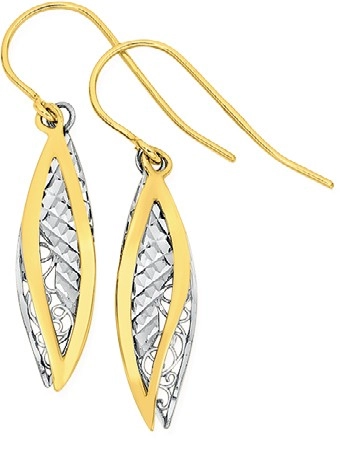 9ct Gold Two Tone Double Diamond-Cut Mesh & Open Leaf Hook Earrings