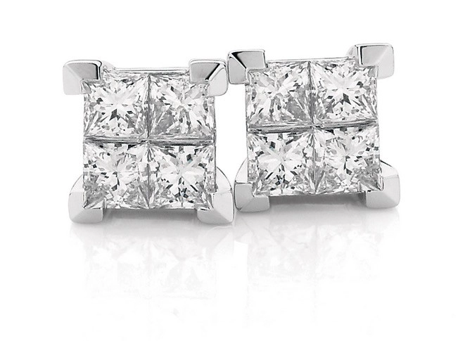 9ct White Gold Diamond Princess Cut Stud Earrings