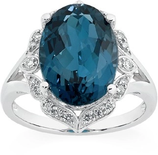 9ct White Gold London Blue Topaz & .10ct Diamonds Ring