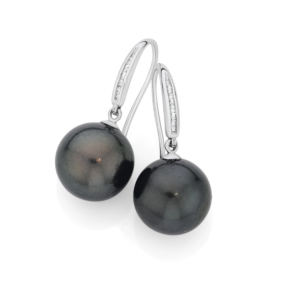 9ct White Gold Tahitian Pearl & Diamond Hook Earrings