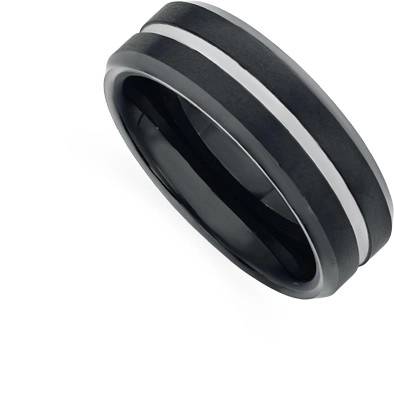 M+Y Tungsten Carbide Black & Silver Plate Line Gents Ring