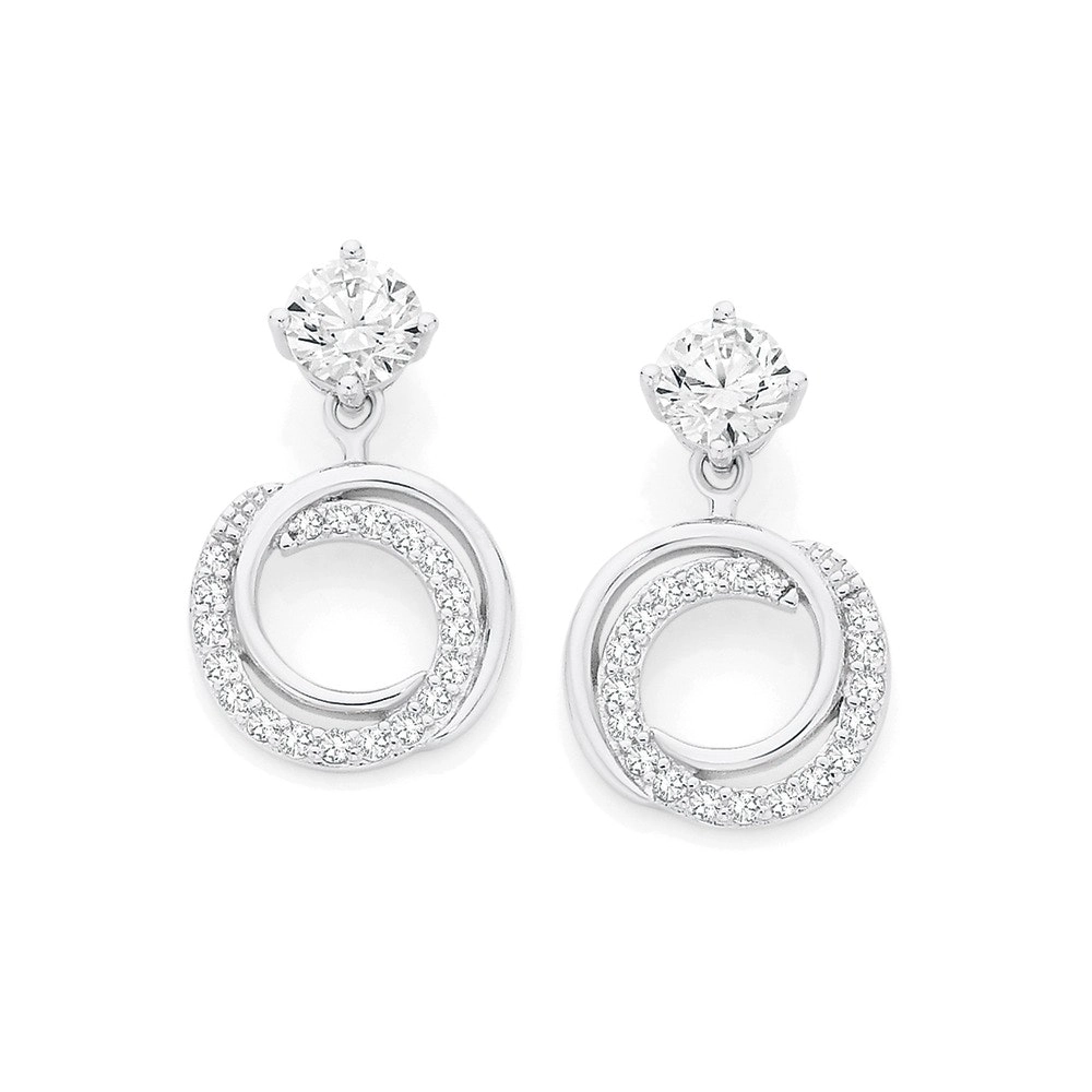 Sterling Silver Cubic Zirconia & Plain Entwined Circle Earrings