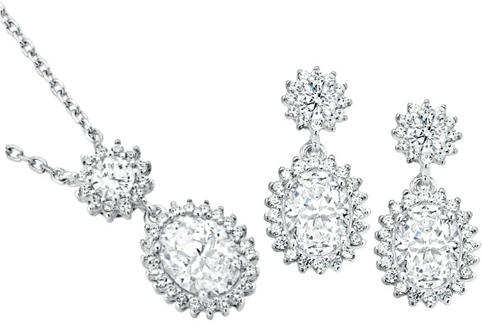 Sterling Silver Oval Cubic Zirconia Cluster Pendant and Earring Set