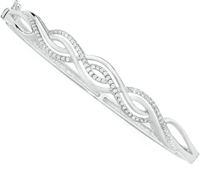 Sterling Silver Plain & Cubic Zirconia Twist Bangle