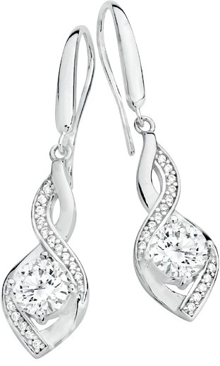 Sterling Silver Round Cubic Zirconia in Twist Hook Drop Earrings