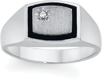 Sterling Silver Satin Signet With Black Border Cubic Zirconia Gents Ring