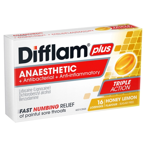 Difflam Plus Anaesthetic Sore Throat Lozenges Honey & Lemon Flavour 16 lozenges