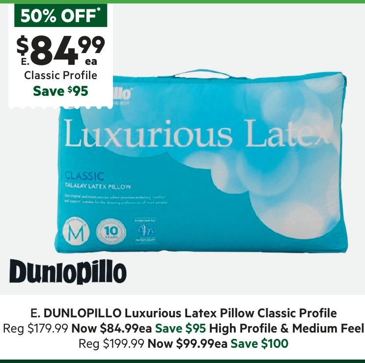 Dunlopillo Luxurious Latex Classic Profile Pillow White Standard