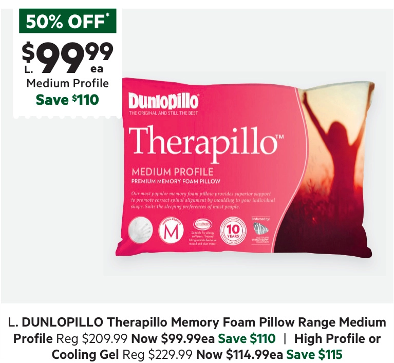 Dunlopillo Therapillo Memory Foam Medium Profile Pillow White Standard