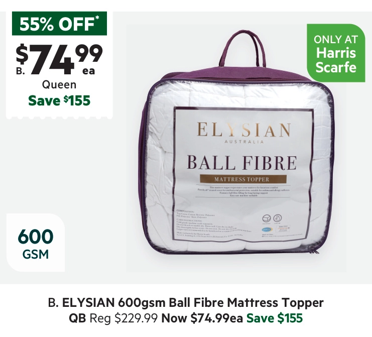 Elysian Ball Fibre 600 GSM Mattress Topper White Queen