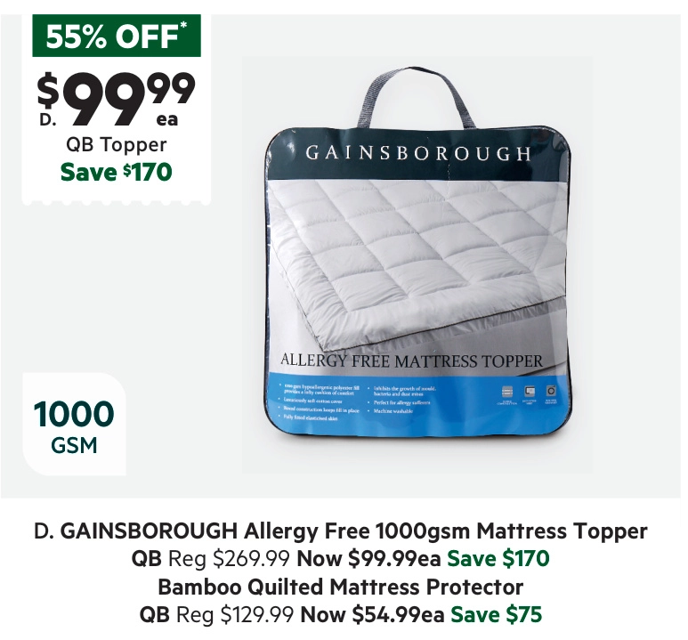 Gainsborough 1000 GSM Allergy Free Mattress Topper Queen Bed Queen