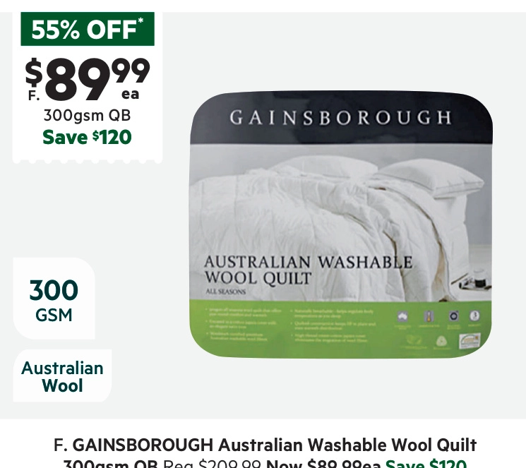 Gainsborough 300 GSM All Seasons Australian Washable Wool Quilt White Queen