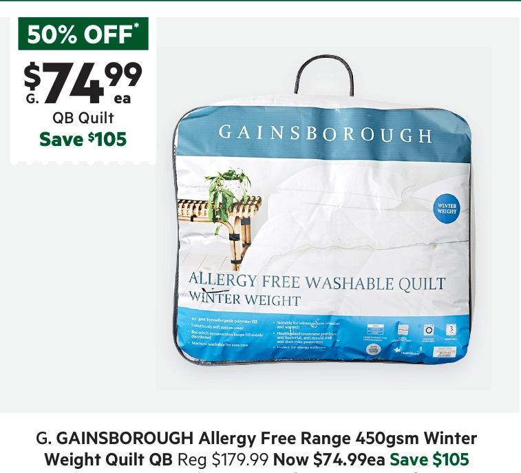 Gainsborough 450GSM Allergy Free Winter Weight Quilt Queen Bed