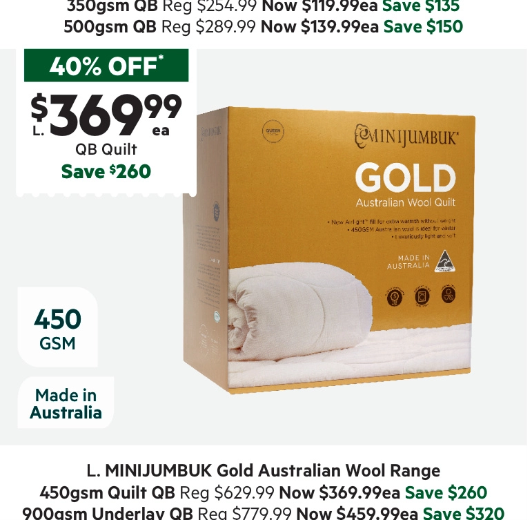 MiniJumbuk Gold 450 GSM Australian Wool Quilt White Queen